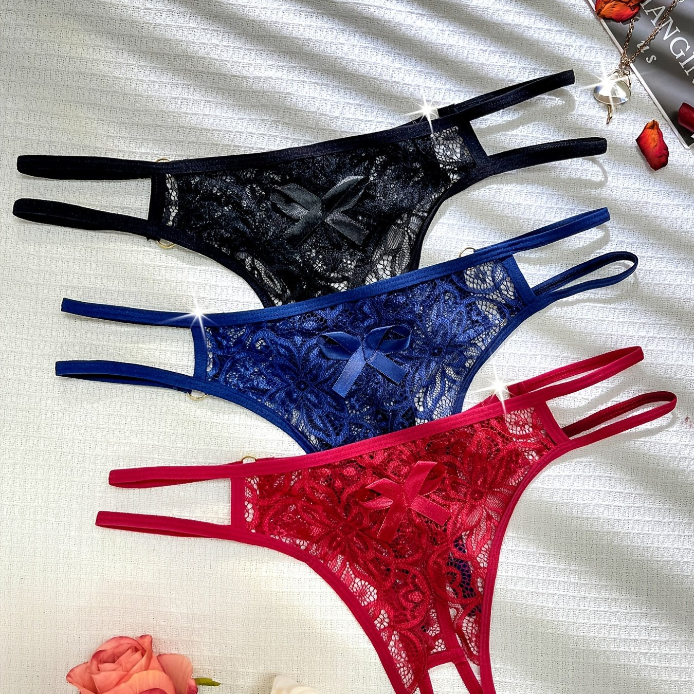 Seductive Lace Thong Lingerie Set - 3pcs with Comfortable Dual-Band Support, Discreet Open Crotch for Confident Women