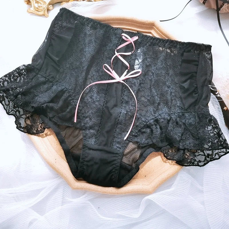 Japanese Style Plus Size Female White Panties Sweet Cross Bow Girl's Lingerie Kawaii Underwear Palace Ruffles Lace Briefs 6XL