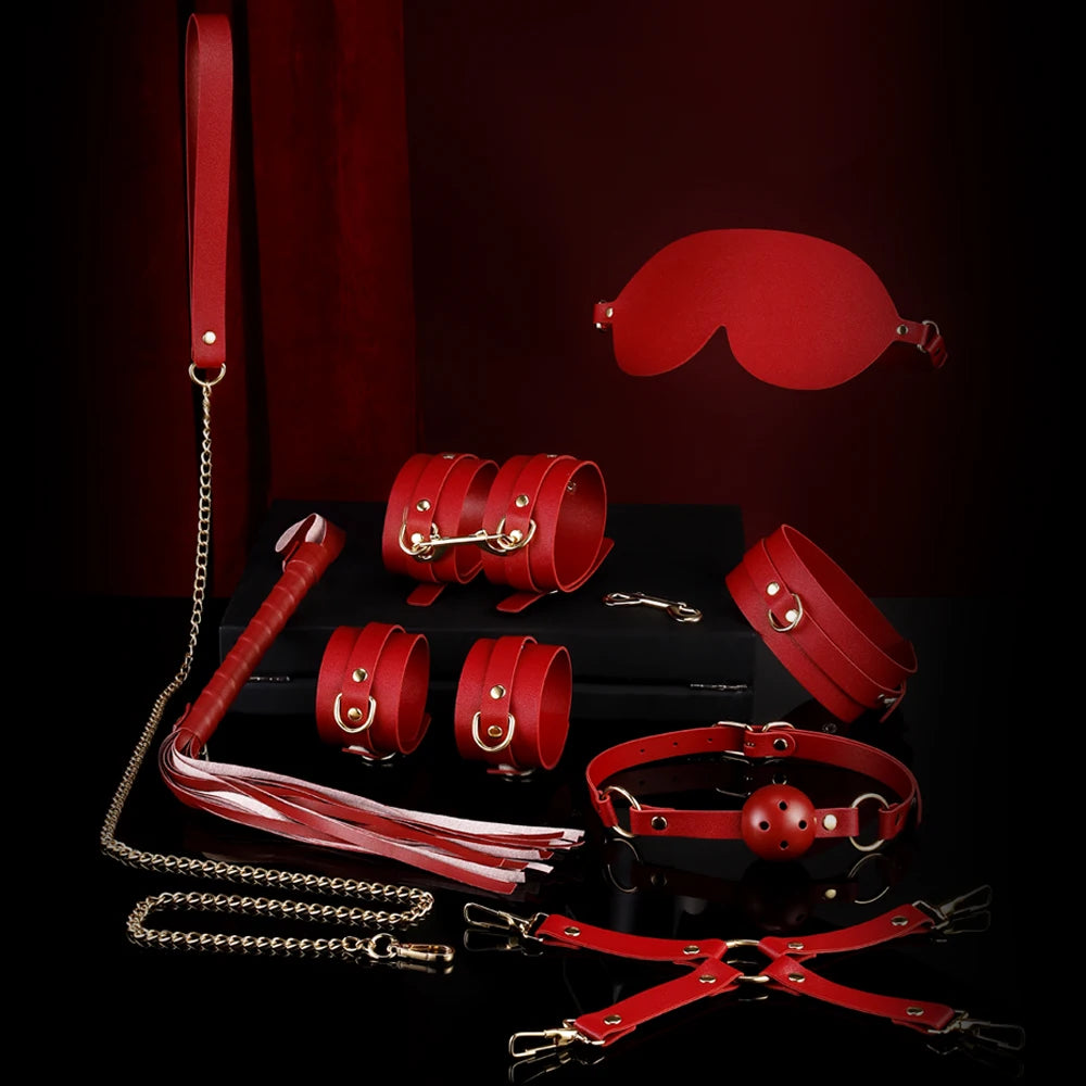 BDSM Bondage Restraints Electric Shock Set Mouth Gag Handcuffs Ankle Cuffs Collar Eyepatch Whip Bondage Ties Kits Adult Sex Toys