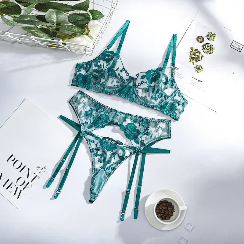 Floral Lace Open Cup Bra & Thong Set - 3 Piece Sheer Embroidery Underwear