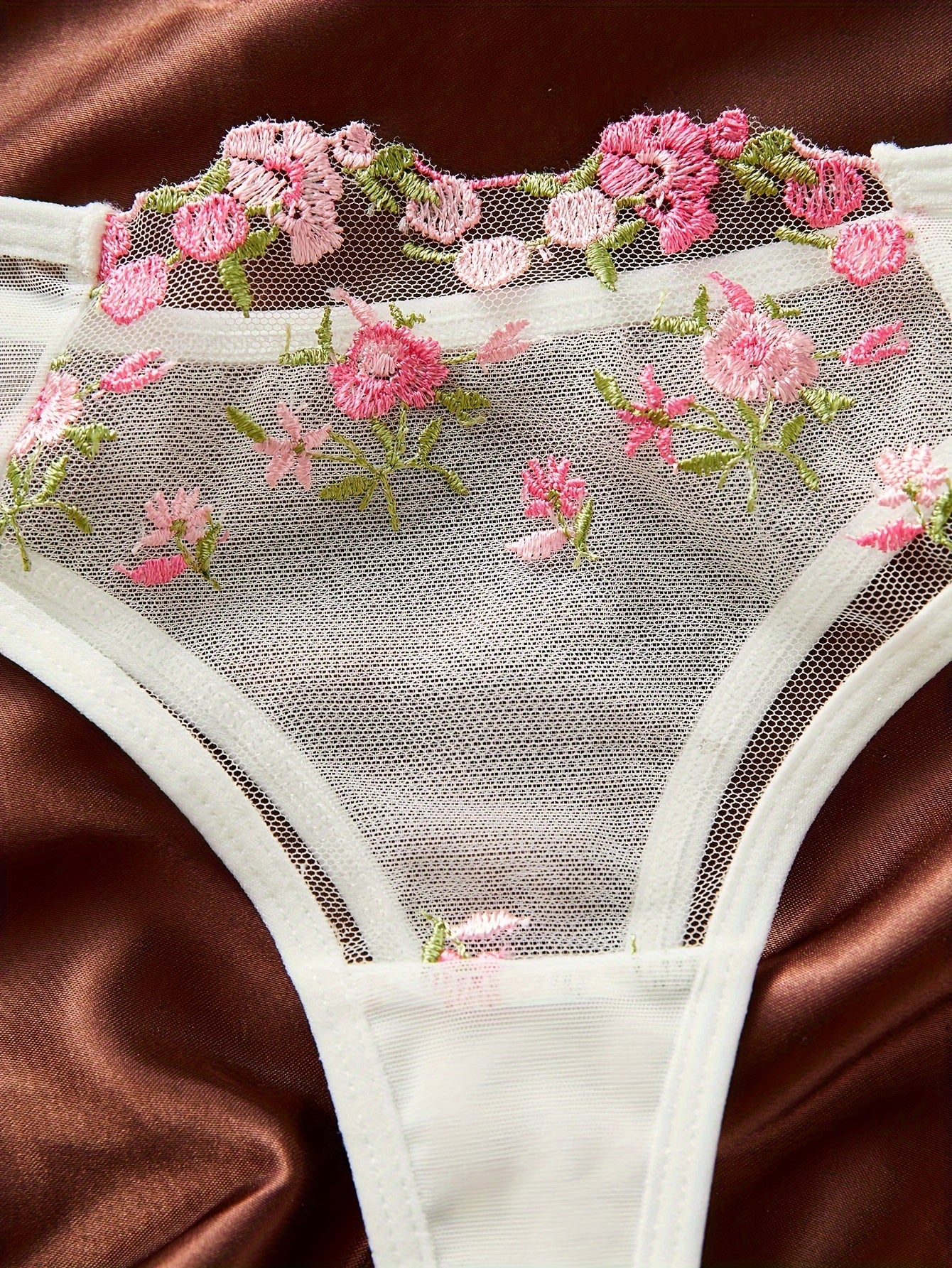 Blossom Intimates Floral Embroidered Sheer Bra & Mesh Thong Set - Lightweight Elegance for Seductive Moments