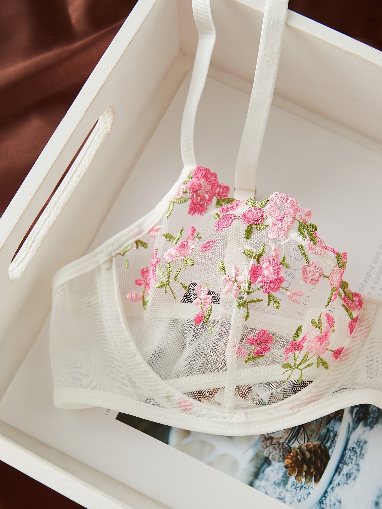 Blossom Intimates Floral Embroidered Sheer Bra & Mesh Thong Set - Lightweight Elegance for Seductive Moments