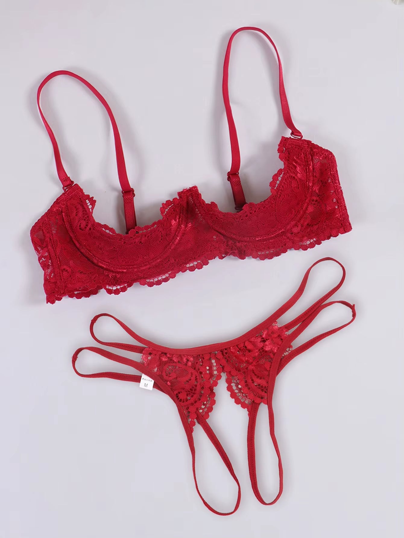 Lace Crotchless Bra G-String Set 2Pcs Erotic Cutout Bra Open Cup Bra Hollow Out Underwears Women Lin...