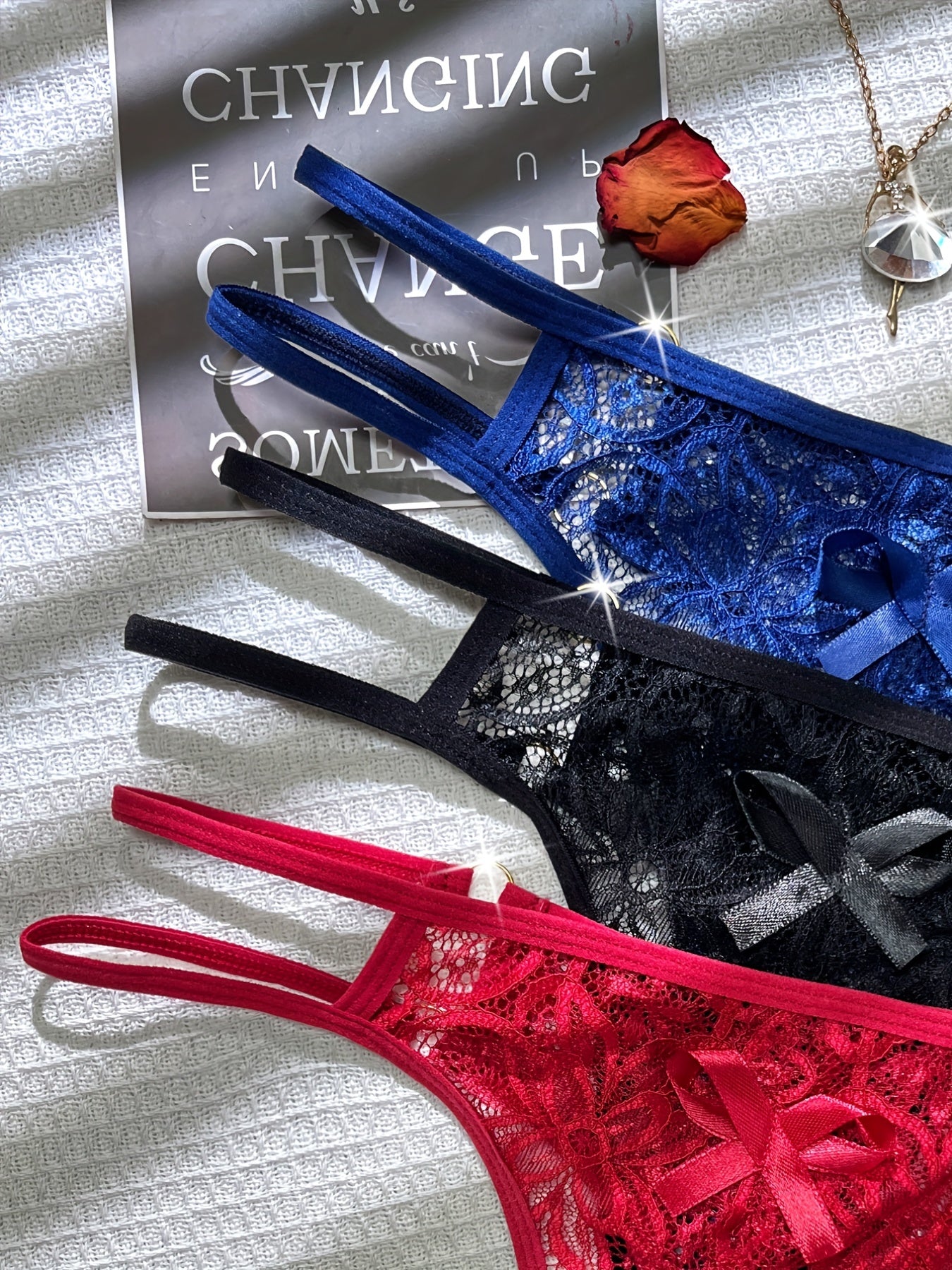 Seductive Lace Thong Lingerie Set - 3pcs with Comfortable Dual-Band Support, Discreet Open Crotch for Confident Women
