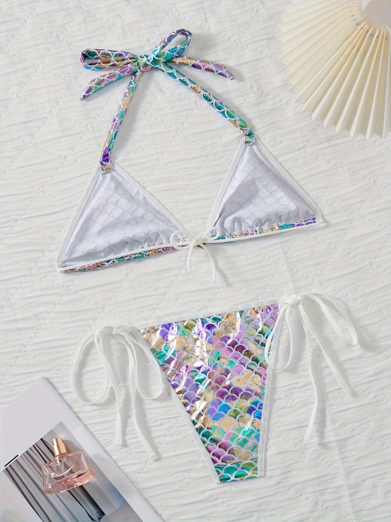 Sultry Lingerie Set - Deep V Halter Neck, Backless Fish Scale Design for Seductive Confidence