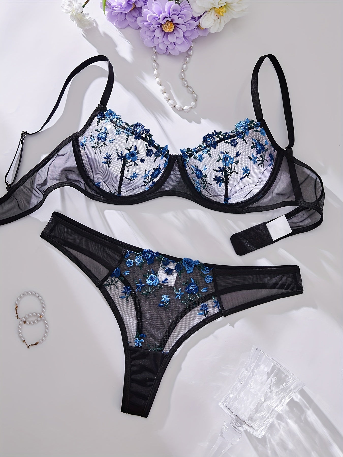 Blossom Intimates Floral Embroidered Sheer Bra & Mesh Thong Set - Lightweight Elegance for Seductive Moments