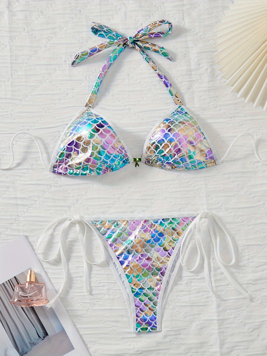 Sultry Lingerie Set - Deep V Halter Neck, Backless Fish Scale Design for Seductive Confidence