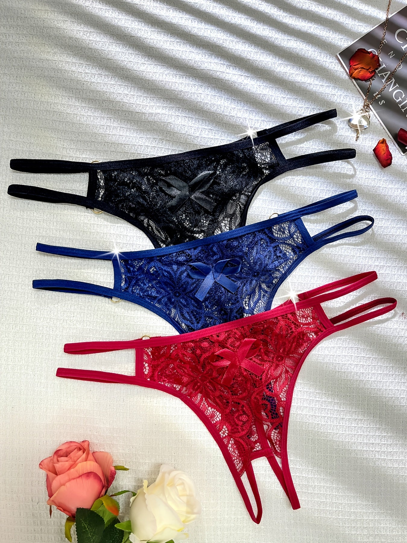 Seductive Lace Thong Lingerie Set - 3pcs with Comfortable Dual-Band Support, Discreet Open Crotch for Confident Women