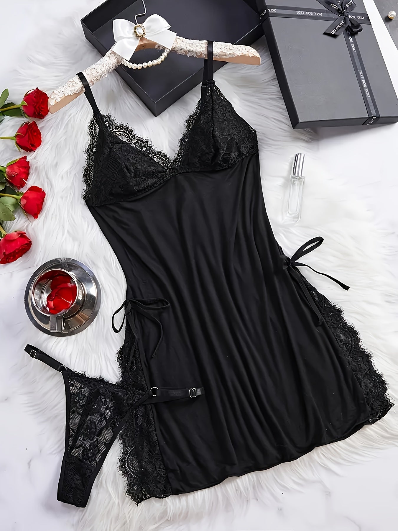 Flirty Lace Deep V Lingerie Set - Backless, Semi-Sheer, Breathable Fabric with Floral Bow - Perfect for Confident Nights