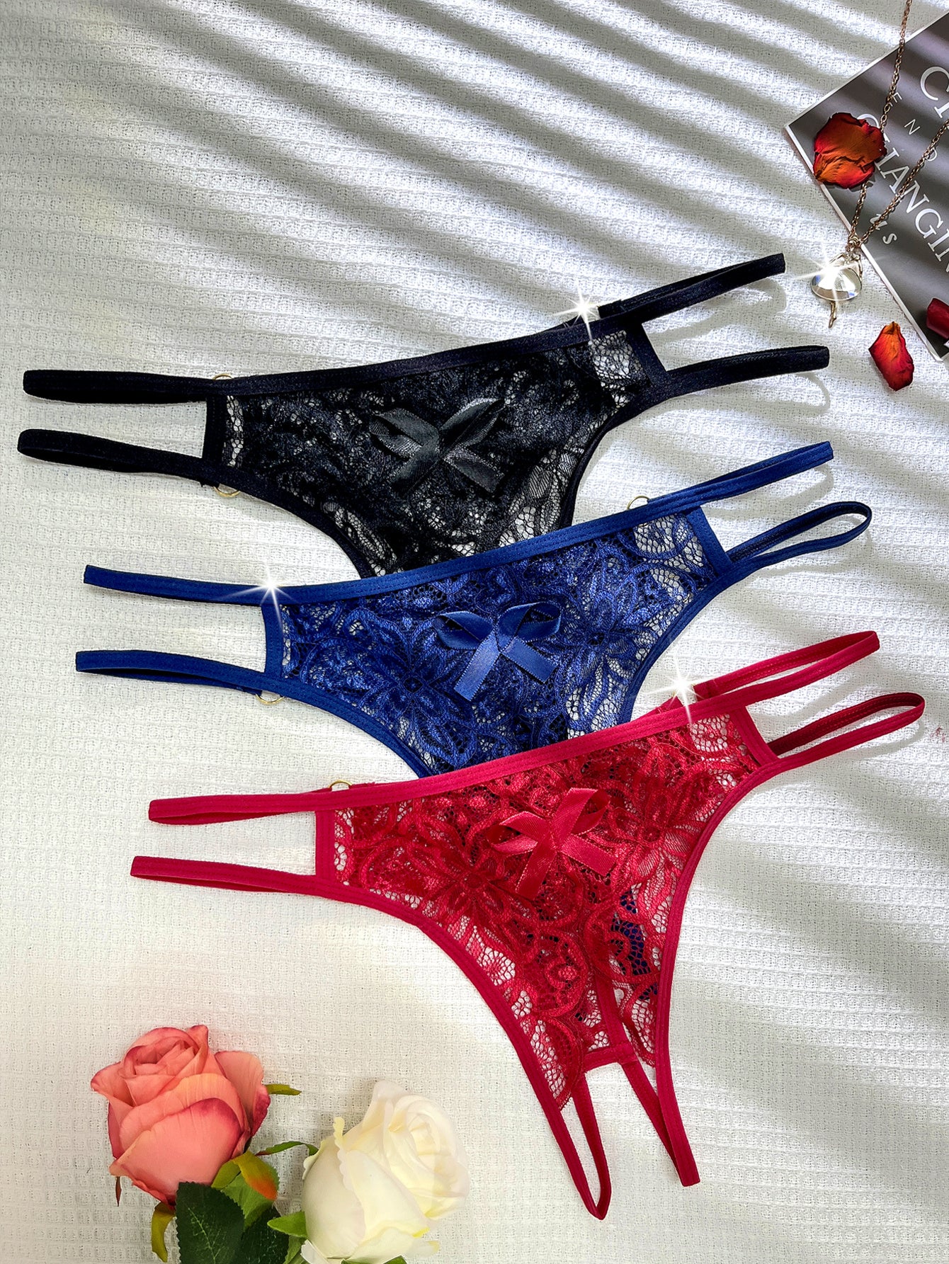 Seductive Lace Thong Lingerie Set - 3pcs with Comfortable Dual-Band Support, Discreet Open Crotch for Confident Women