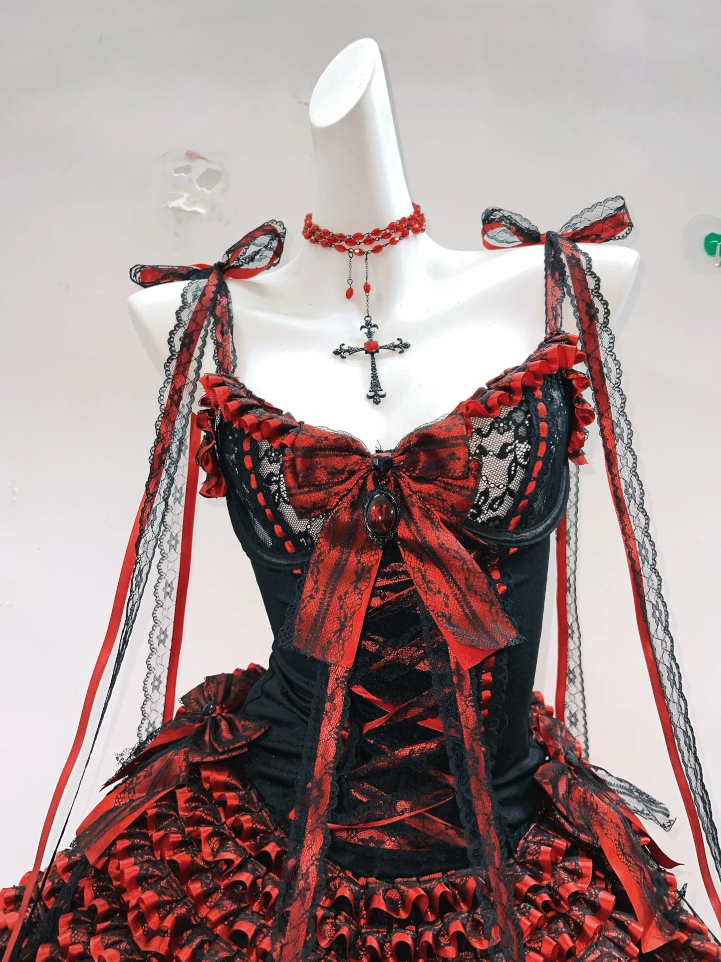 Original Gothic Black Red Dance Dress Christmas Outfit with a Large Bow Lace Straps a Sense Hierarchy Princess Dress for Women