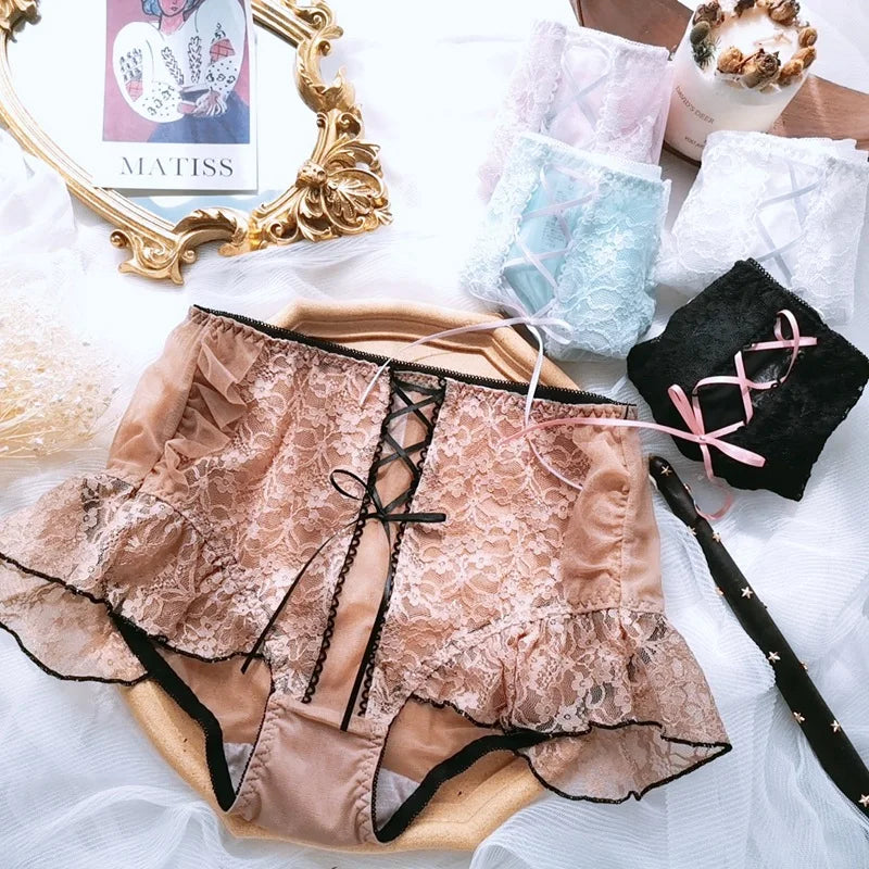Japanese Style Plus Size Female White Panties Sweet Cross Bow Girl's Lingerie Kawaii Underwear Palace Ruffles Lace Briefs 6XL