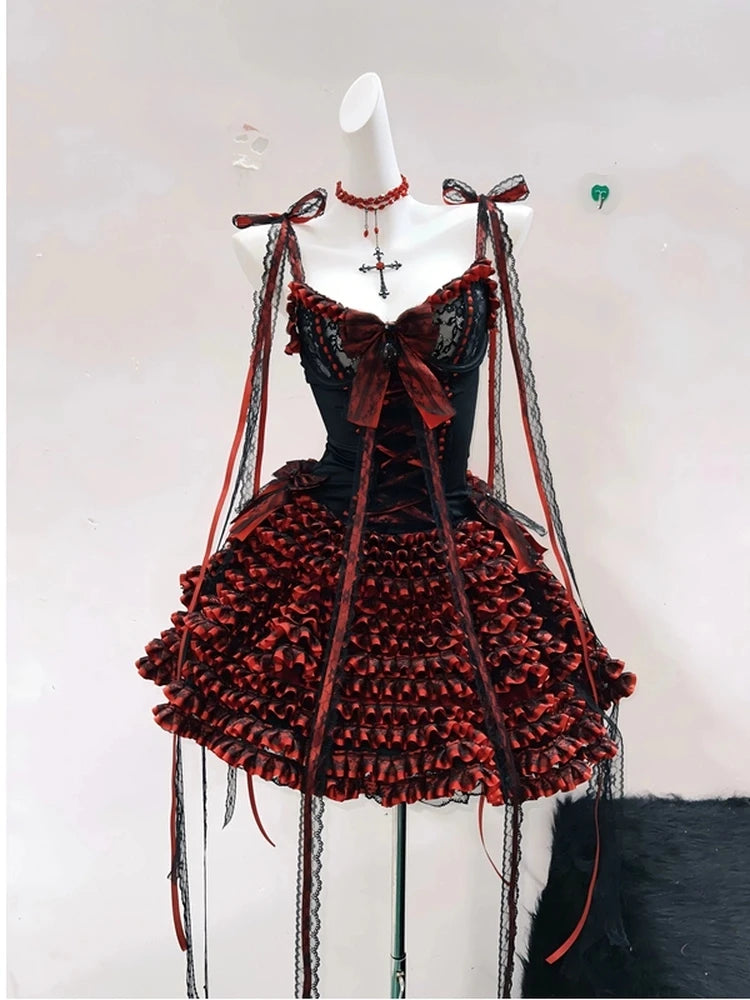 Original Gothic Black Red Dance Dress Christmas Outfit with a Large Bow Lace Straps a Sense Hierarchy Princess Dress for Women