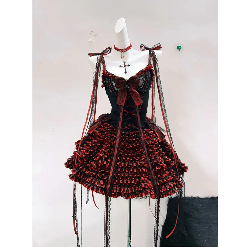 Original Gothic Black Red Dance Dress Christmas Outfit with a Large Bow Lace Straps a Sense Hierarchy Princess Dress for Women