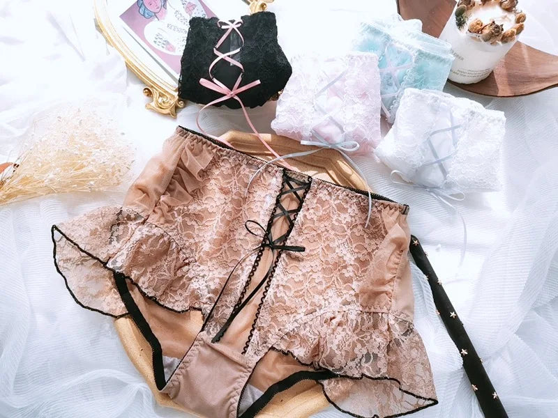 Japanese Style Plus Size Female White Panties Sweet Cross Bow Girl's Lingerie Kawaii Underwear Palace Ruffles Lace Briefs 6XL