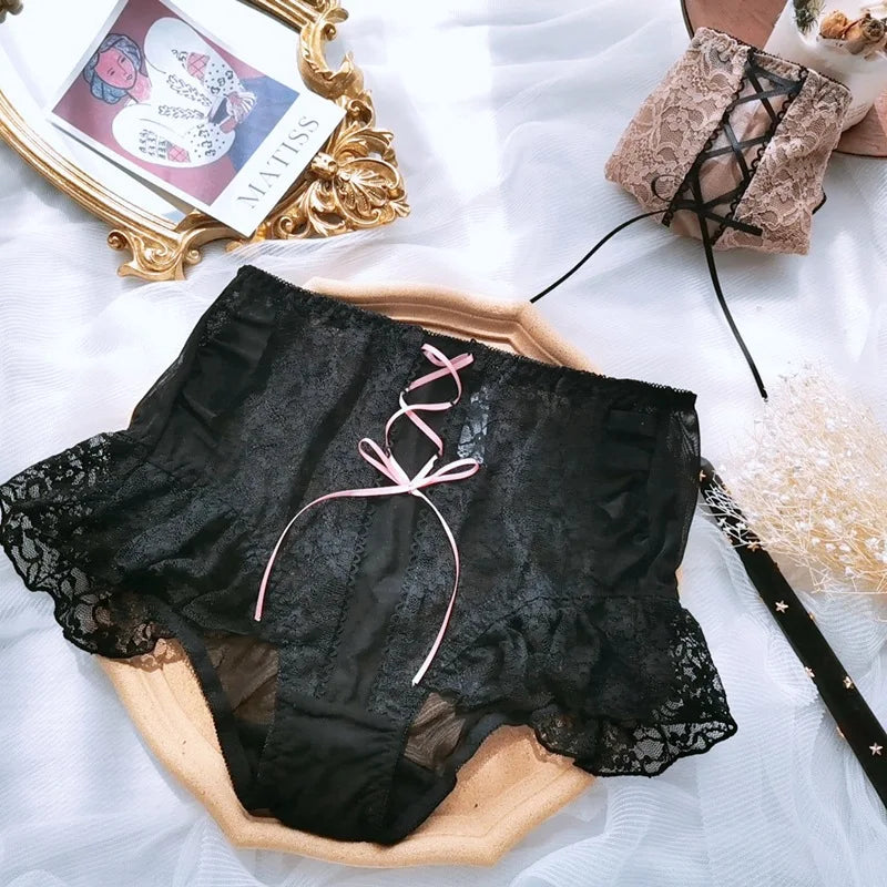 Japanese Style Plus Size Female White Panties Sweet Cross Bow Girl's Lingerie Kawaii Underwear Palace Ruffles Lace Briefs 6XL
