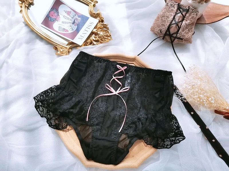 Japanese Style Plus Size Female White Panties Sweet Cross Bow Girl's Lingerie Kawaii Underwear Palace Ruffles Lace Briefs 6XL