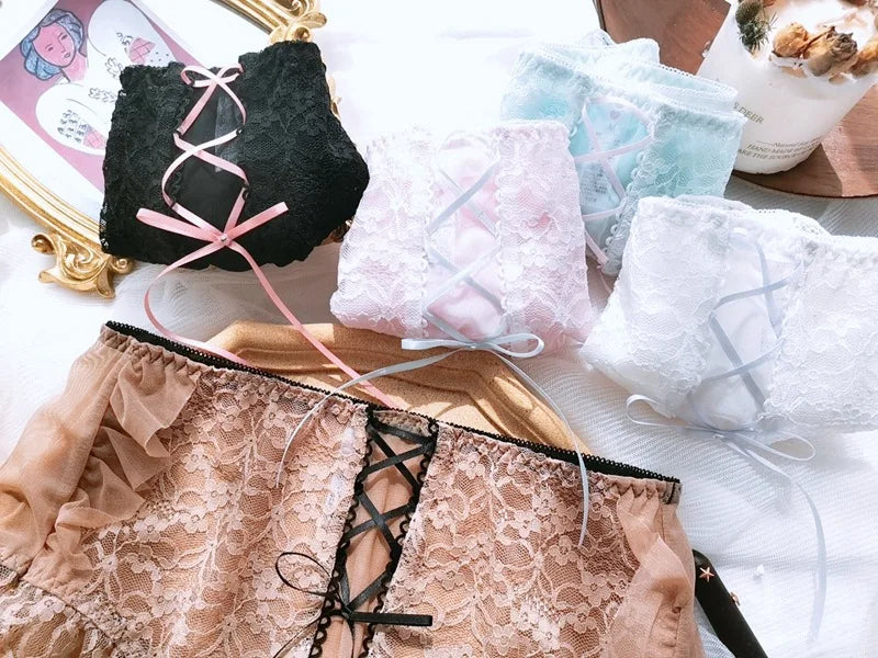 Japanese Style Plus Size Female White Panties Sweet Cross Bow Girl's Lingerie Kawaii Underwear Palace Ruffles Lace Briefs 6XL