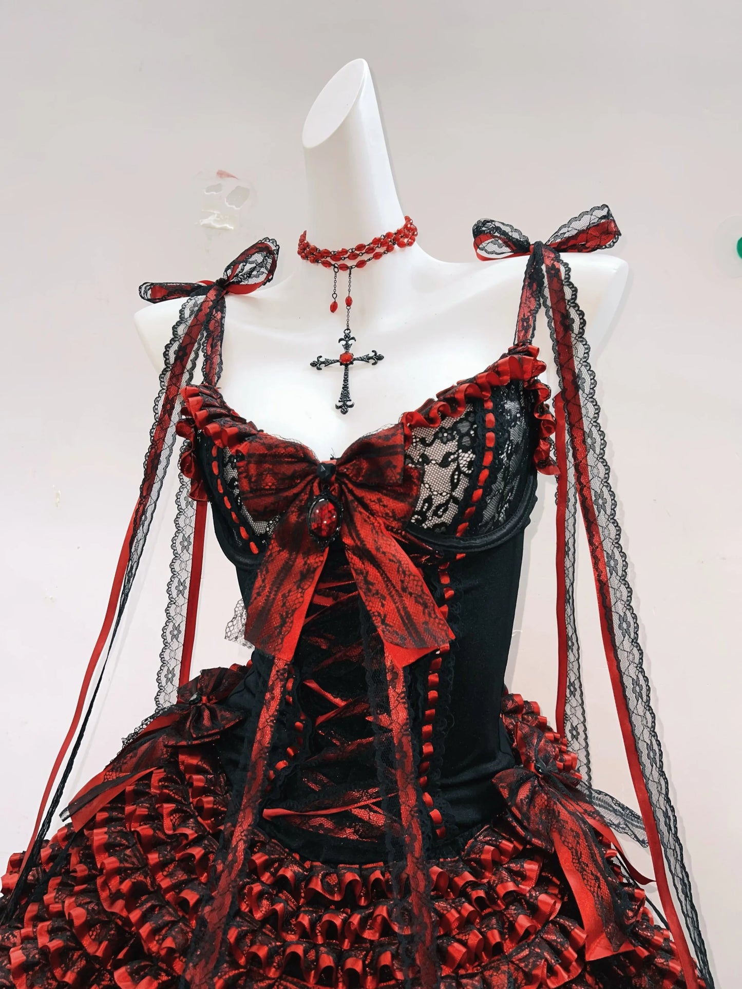 Original Gothic Black Red Dance Dress Christmas Outfit with a Large Bow Lace Straps a Sense Hierarchy Princess Dress for Women