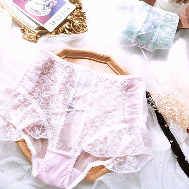 Japanese Style Plus Size Female White Panties Sweet Cross Bow Girl's Lingerie Kawaii Underwear Palace Ruffles Lace Briefs 6XL