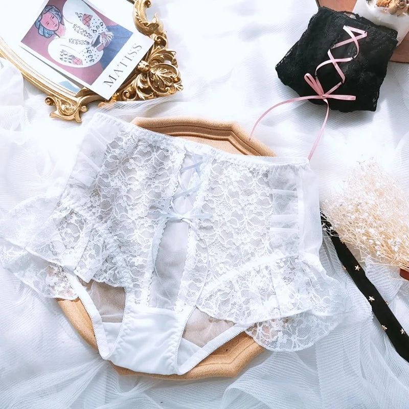 Japanese Style Plus Size Female White Panties Sweet Cross Bow Girl's Lingerie Kawaii Underwear Palace Ruffles Lace Briefs 6XL