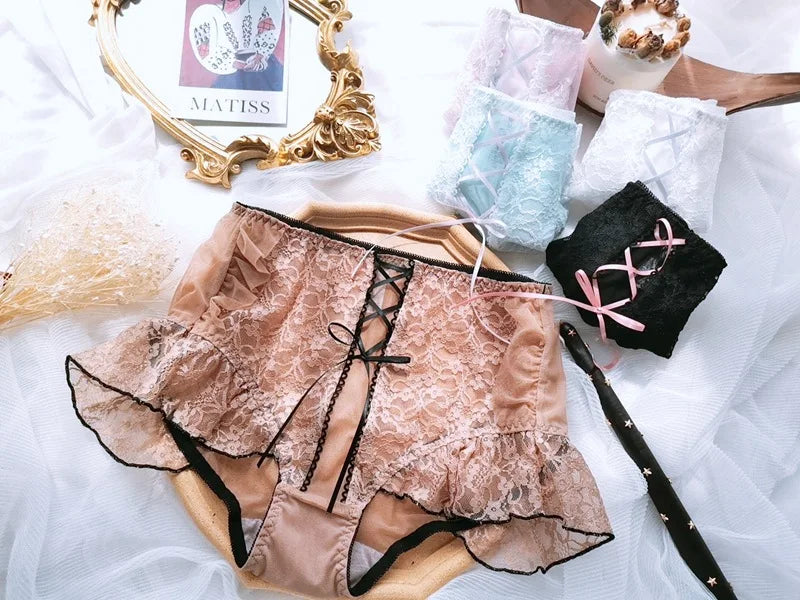 Japanese Style Plus Size Female White Panties Sweet Cross Bow Girl's Lingerie Kawaii Underwear Palace Ruffles Lace Briefs 6XL
