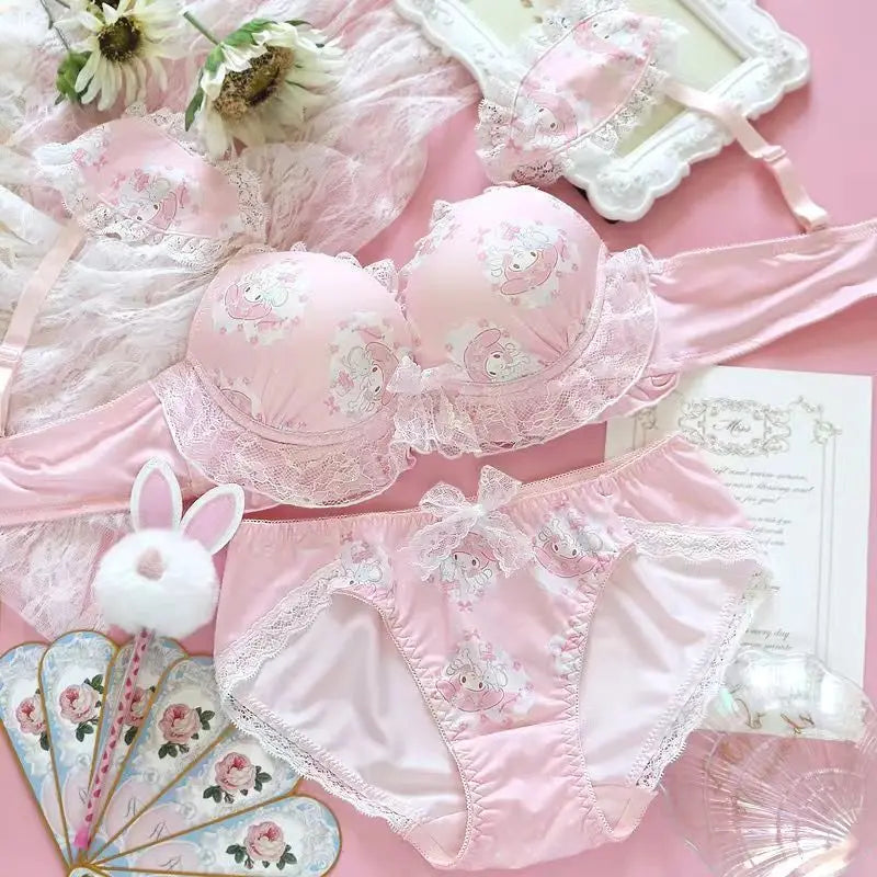 Women Bra Panties Set Cartoon Sanrios Girl's Wireless Lace Bra