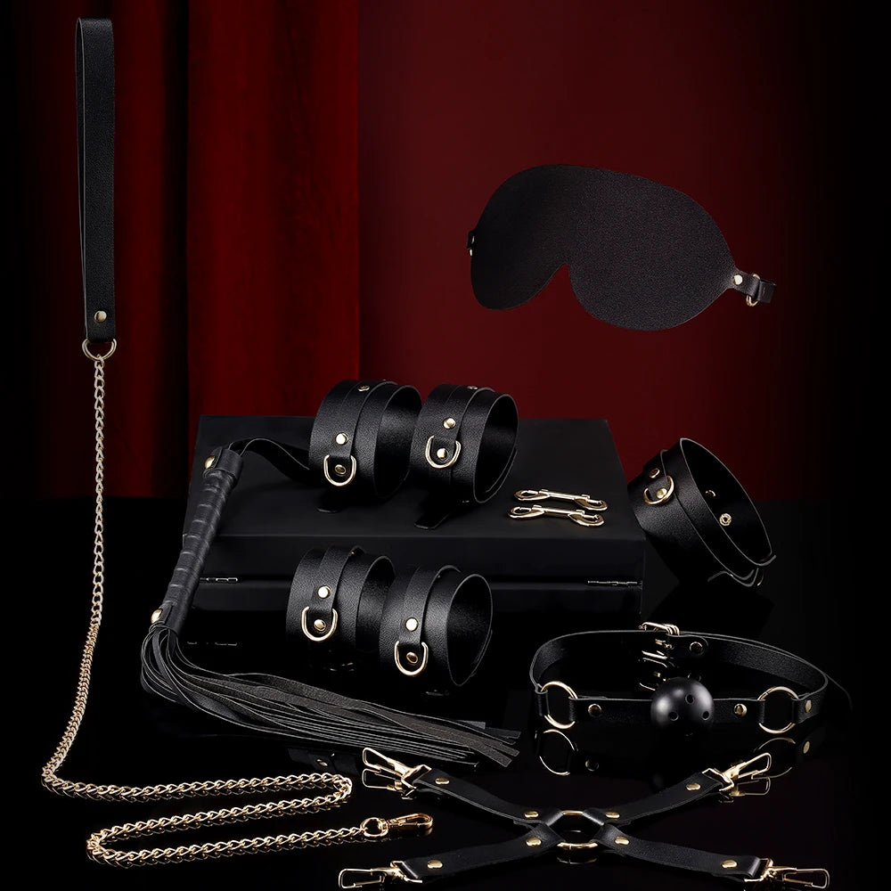 BDSM Bondage Restraints Electric Shock Set Mouth Gag Handcuffs Ankle Cuffs Collar Eyepatch Whip Bondage Ties Kits Adult Sex Toys
