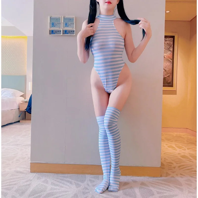 Crotchless Bodysuit with Stockings Striped