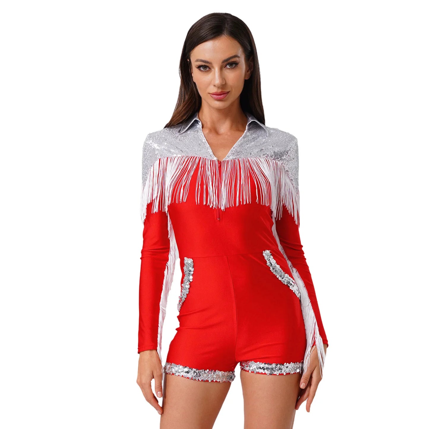 Womens Sparkly Western Cowgirl Cosplay Costume 70s 80s DiscoBodysuit Playsuit Front Zip Tassel Fringe Sequins Boyshorts Rompers