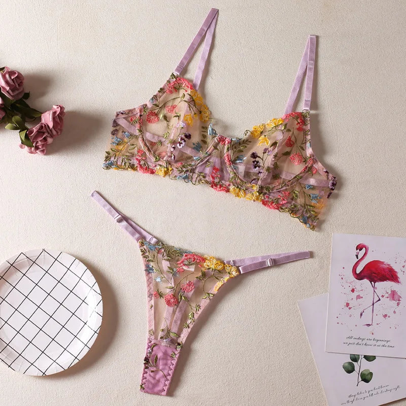Bra and Briefs Sets Lace Flower Embroidery
