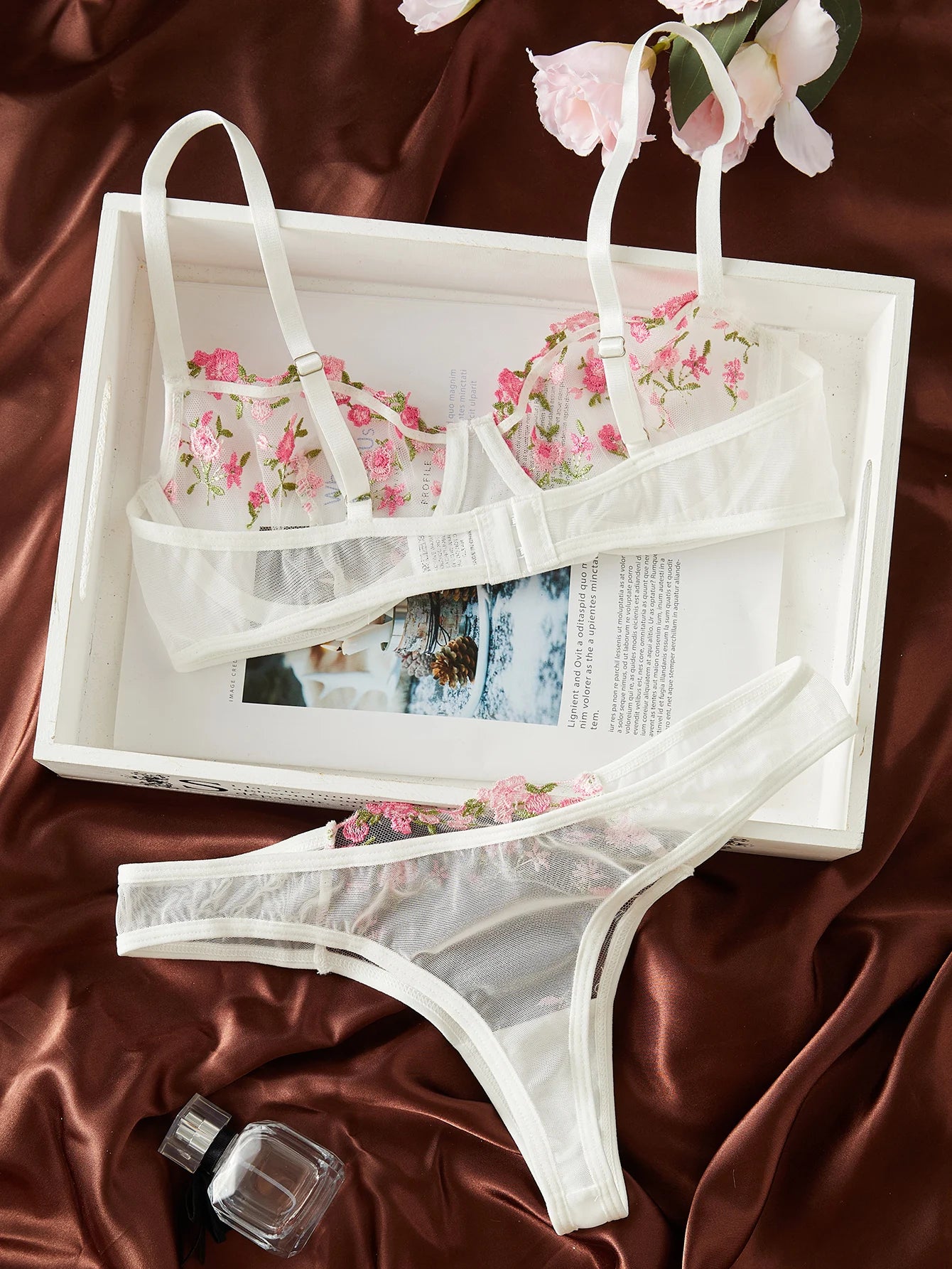 Embroidery and Floral Bra And Panties Set