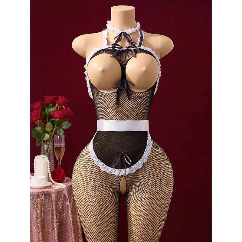 Cosplay Sex Doll Porn Costume Full Open Bra Bold Lingerie Sexy Stockings For Bedding Maid Uniform Set Includes Apron Accessories