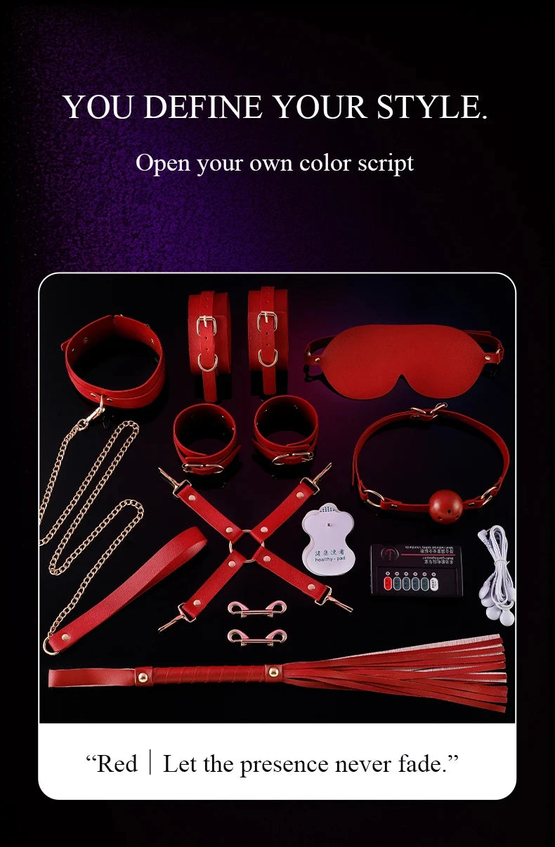 BDSM Bondage Restraints Electric Shock Set Mouth Gag Handcuffs Ankle Cuffs Collar Eyepatch Whip Bondage Ties Kits Adult Sex Toys