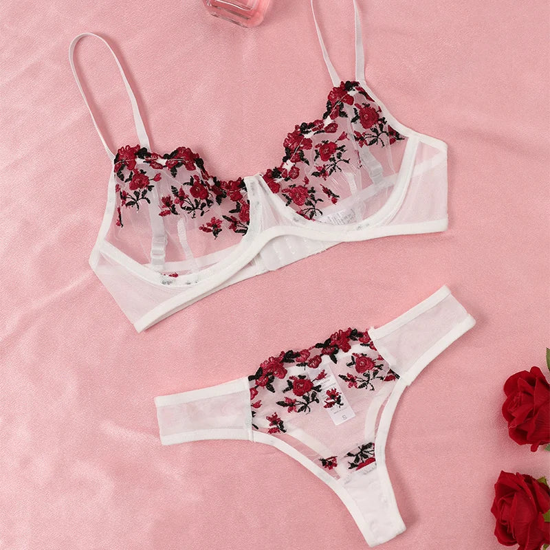 Transparent Mesh Embroidery See-through Temptation Bra And Panties Sets