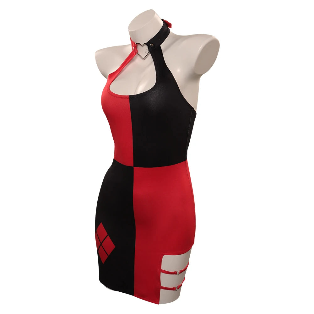 Quinzel Cosplay Sexy Bodycon Mini Dress Women Costume Movie Super Villain Roleplay Fantasia Outfit Backless Ropa Woman Halloween