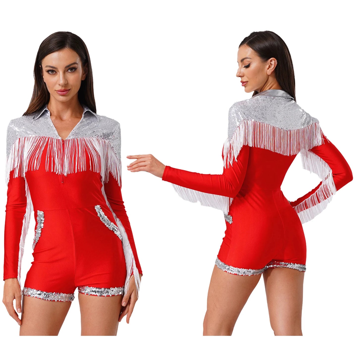Womens Sparkly Western Cowgirl Cosplay Costume 70s 80s DiscoBodysuit Playsuit Front Zip Tassel Fringe Sequins Boyshorts Rompers