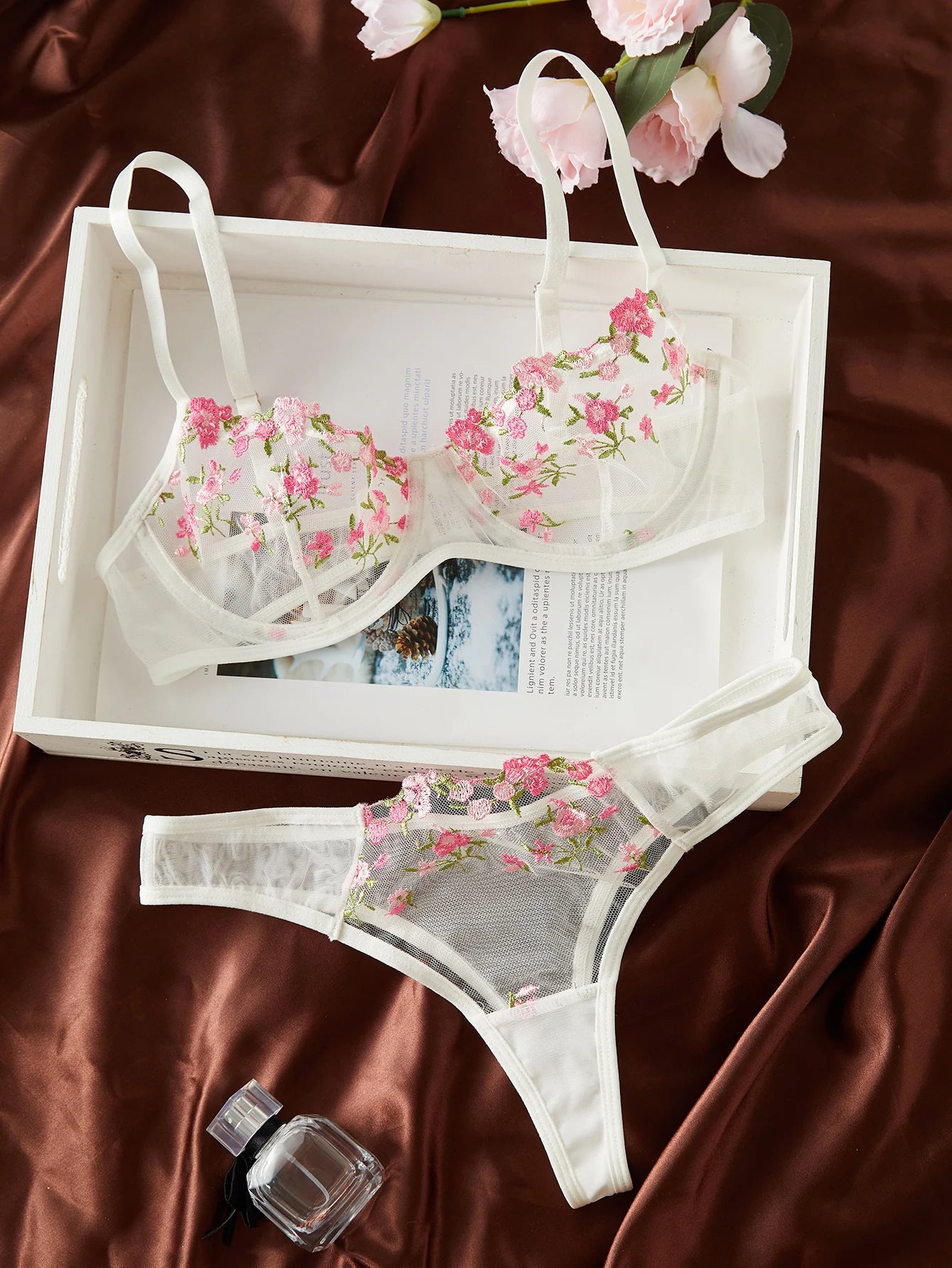 Embroidery and Floral Bra And Panties Set