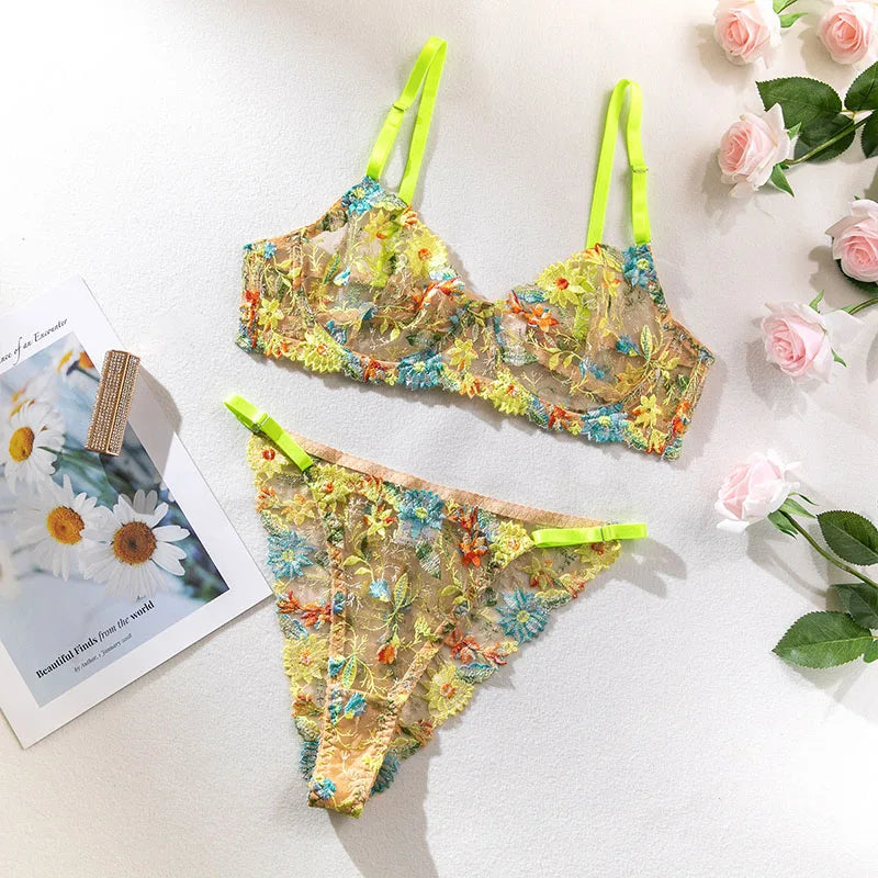 Bra and Briefs Sets Lace Flower Embroidery