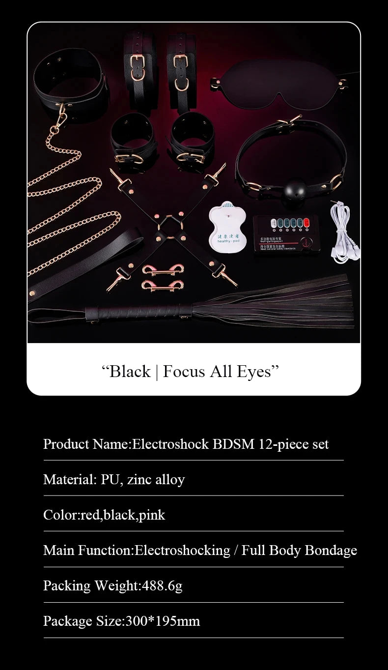 BDSM Bondage Restraints Electric Shock Set Mouth Gag Handcuffs Ankle Cuffs Collar Eyepatch Whip Bondage Ties Kits Adult Sex Toys