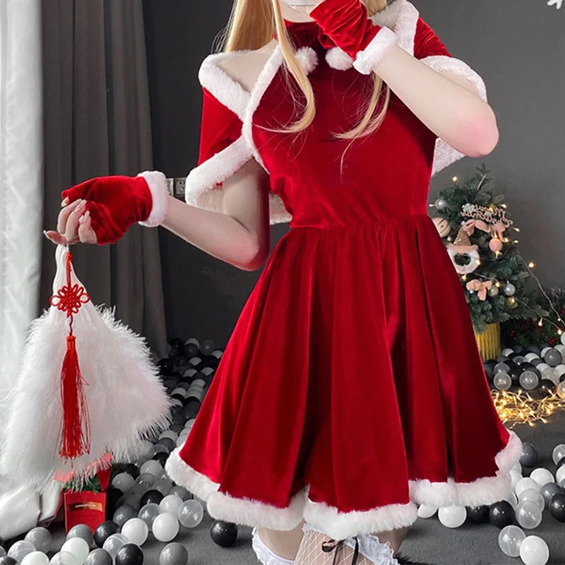 Women Christmas Red Dress Sexy Lady Santa Claus Cosplay Costume Sexy Lingerie Winter Red Dress Bunny Cosplay Girls Uniform