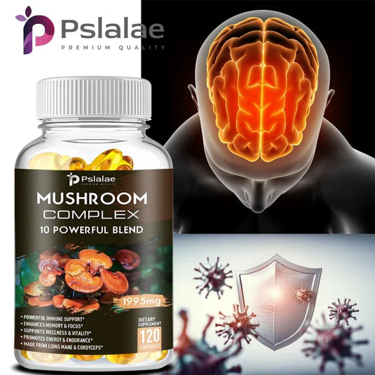 Mushroom Complex Supplement - Supports Brain and Immune Health, Enhances Memory, Focus and Clarity, Boosts Energy, Non-GMO