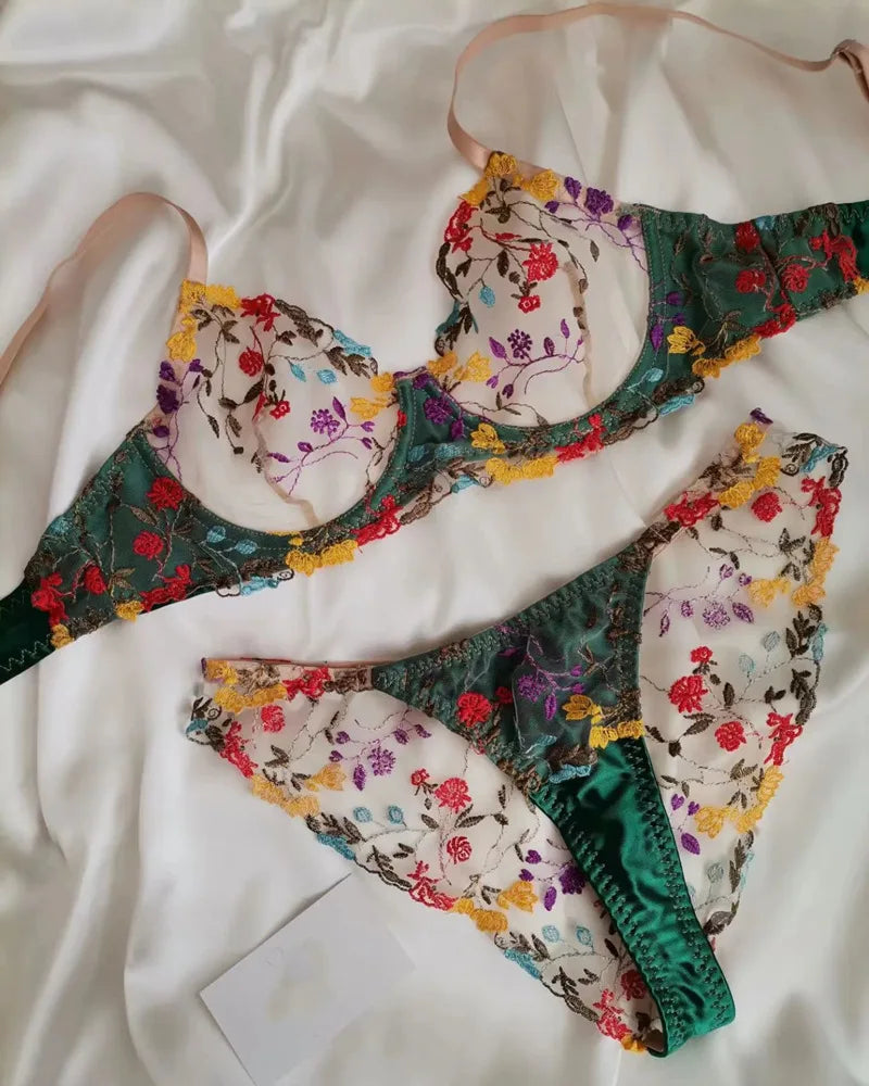 Bra and Briefs Sets Lace Flower Embroidery