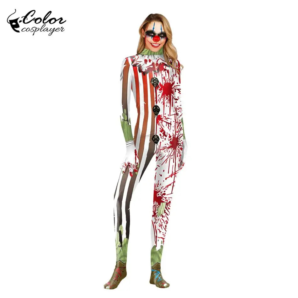 Color Cosplayer Halloween Purim Carnival Costume Women and Men Joker Cosplay Bodysuit Movie Costume Clown Sexy Zentai Catsuits
