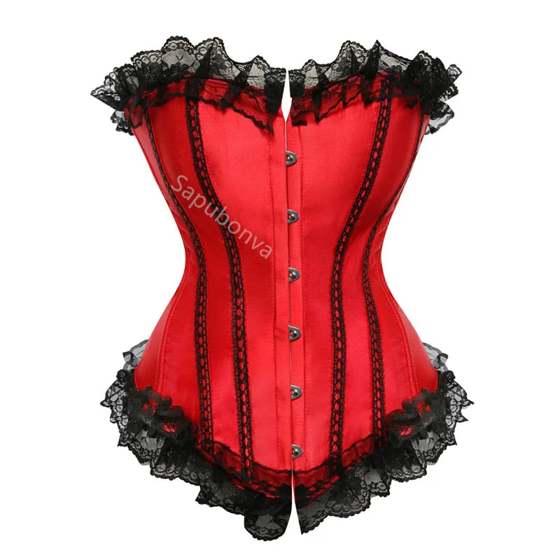 Sapubonva Corset Bustier with Lace Up Trim Satin Corsets Overbust Costumes Ladies Shaper Victorian Corset Top Blue Yellow Red
