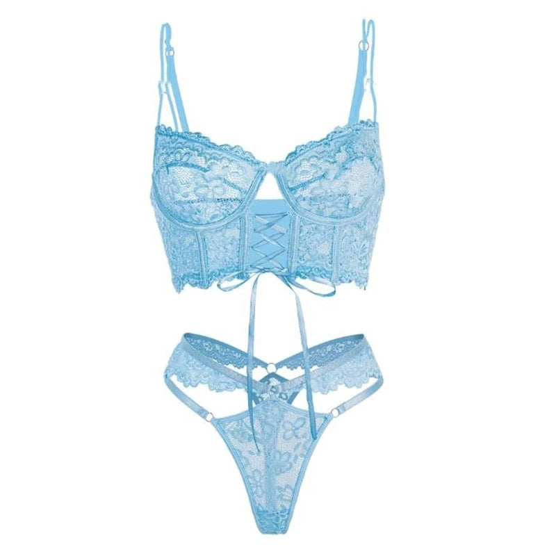 Lingerie Black Lace Bra & Brief Set - Sensual See-Through with Floral Accents