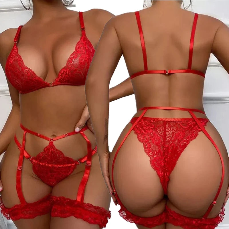 Bra Panty And Garters Lingerie Wine Red Lace Exotic