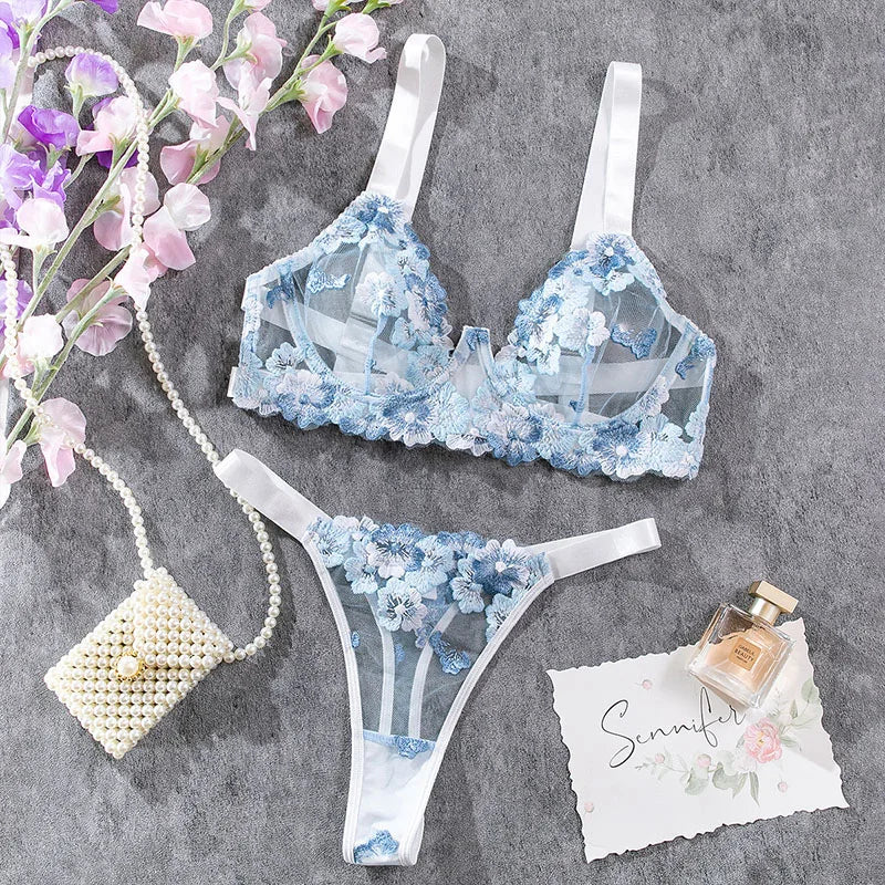 Bra and Briefs Sets Lace Flower Embroidery