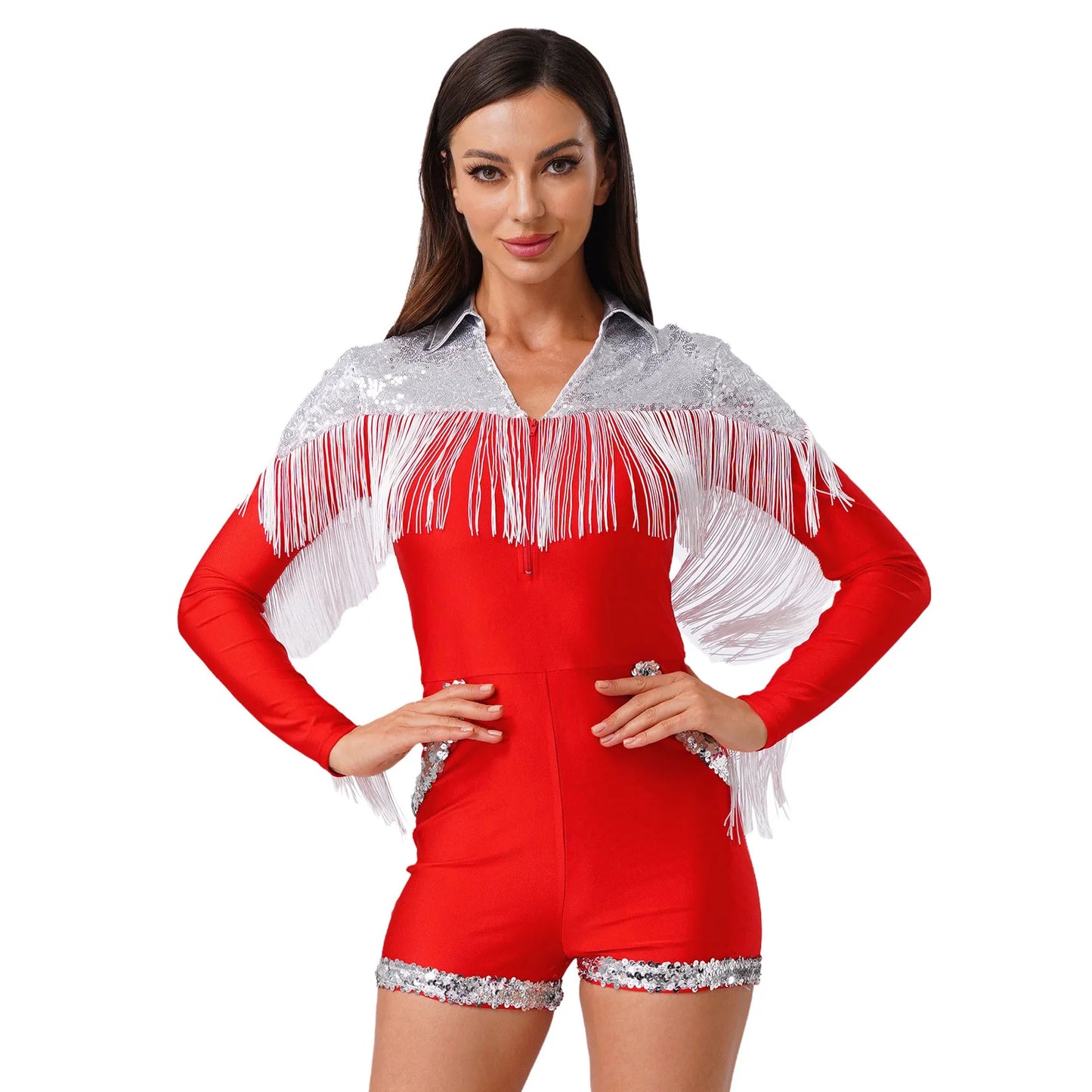 Womens Sparkly Western Cowgirl Cosplay Costume 70s 80s DiscoBodysuit Playsuit Front Zip Tassel Fringe Sequins Boyshorts Rompers
