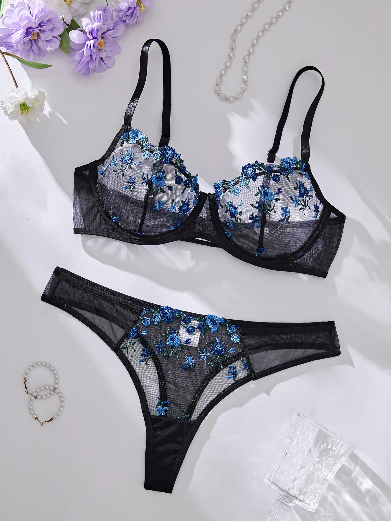 Embroidery and Floral Bra And Panties Set